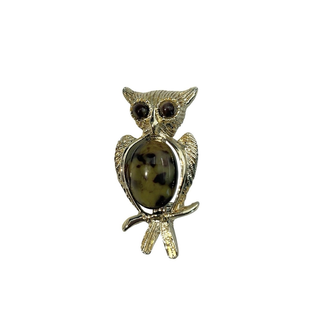 Vintage Gold Tone Faux Brown Stone Perched Owl Bird Small Brooch Pin